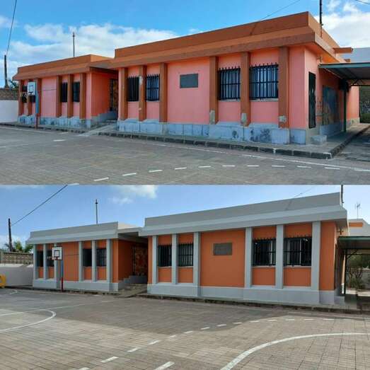 La fachada principal del colegio antes y después de las obras/TA.